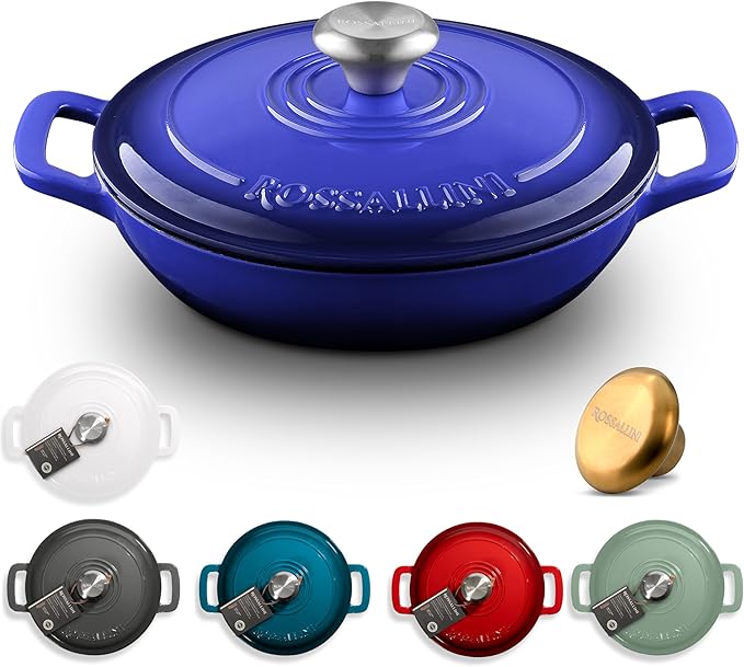Signature Enameled Cast Iron Braiser, Non-Stick Serving Pot with Tight Fitting Lid for Perfect Roasting, Baking, Sauteing, Searing, and Pan Frying | 1.5Q (1.4L) - Indigo Blue