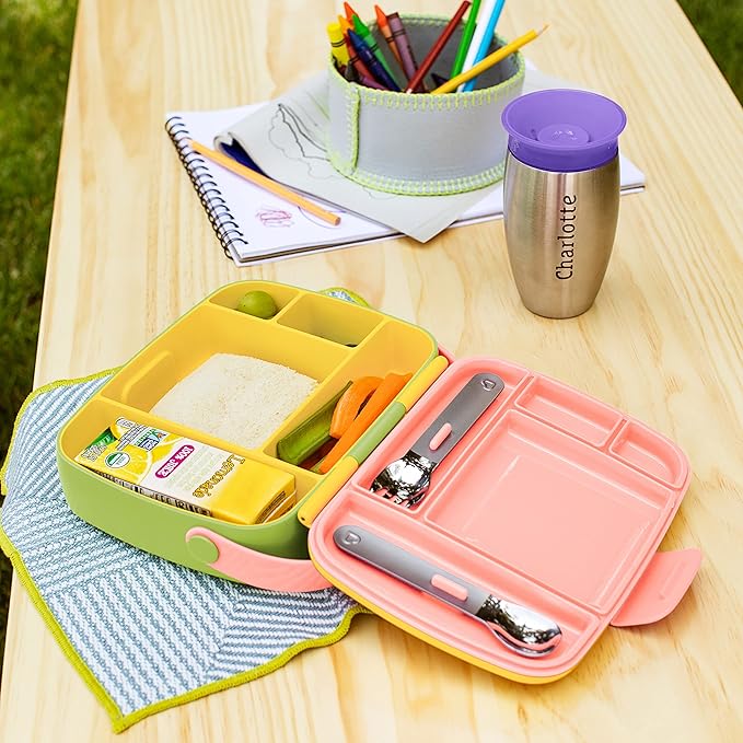 Munchkin Lunch Bento Box for Kids and Toddlers, Includes Stainless Steel Utensils, BPA-Free, 18 Months and Up, Pink/Green/Yellow