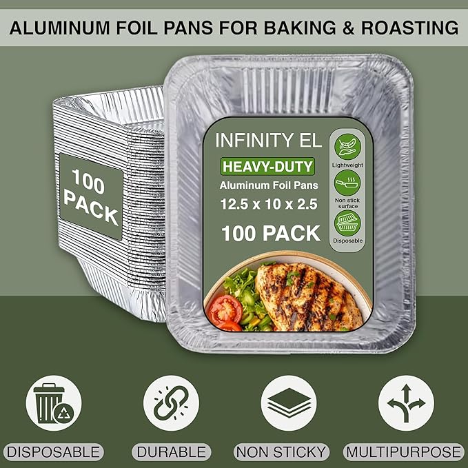 INFINITY EL Disposable Aluminum Foil Pan 100 Pack | Half Size 12.5" x 10" x 2.5" Deep Disposable Baking Pan | Heavy Duty Aluminum Foil Pan for Roasting Turkey, Lasagna, Thanksgiving, Christmas & Party