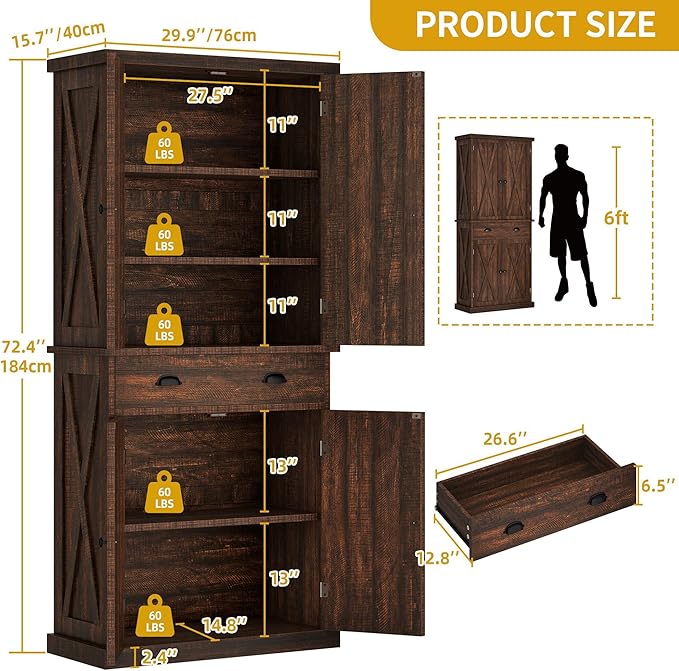 DWVO 72'' Farmhouse Kitchen Pantry, Rustic Wood Kitchen Storage Cabinets with Adjustable Shelves & Drawer, Tall Freestanding Cupboard for Dining Room, Living Room, Drak Brown