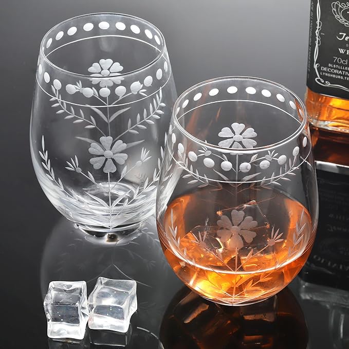 Joeyan Hand Blown Etched Stemless Wine Glasses,Carved Red and White Wine Tumbler with Floral Pattern,Clear Drinking Glass Cups,Glassware for Birthday Party Anniversary,19 oz,Set of 4,Dishwasher Safe