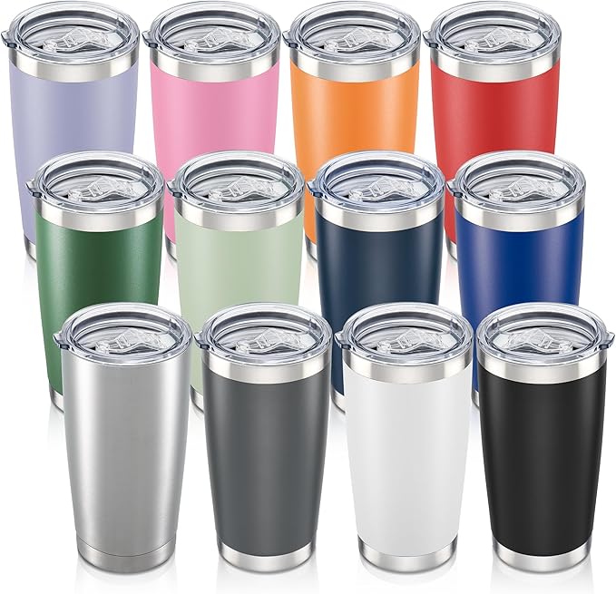 20 oz Tumbler with Lid Stainless Steel Insulated Tumblers Bulk Double Wall Vacuum Cups Powder Coated Travel Mug Keep Drinks Cold and Hot, Mix, 12 Pack