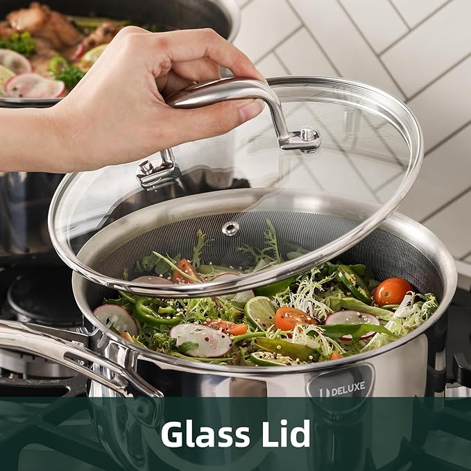 DELUXE Hybrid Ceramic Nonstick 1.3-Quart Saucepan with Tempered Glass Lid, Stainless Steel Pot with Stay-Cool Handle, Dishwasher Oven Safe, Induction Ready, Compatible with All Cooktops
