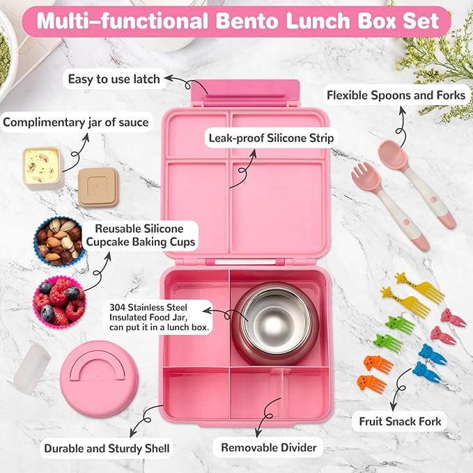 Bento Lunch Box with 9.5 oz Soup Thermo, Kids Leakproof 4 Compartments Bento Box with Silicone Cupcake,Fruit Fork,Spoon and Sauce Cup,Insulated Food Jar for School Travel-Pink
