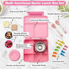 Bento Lunch Box with 9.5 oz Soup Thermo, Kids Leakproof 4 Compartments Bento Box with Silicone Cupcake,Fruit Fork,Spoon and Sauce Cup,Insulated Food Jar for School Travel-Pink