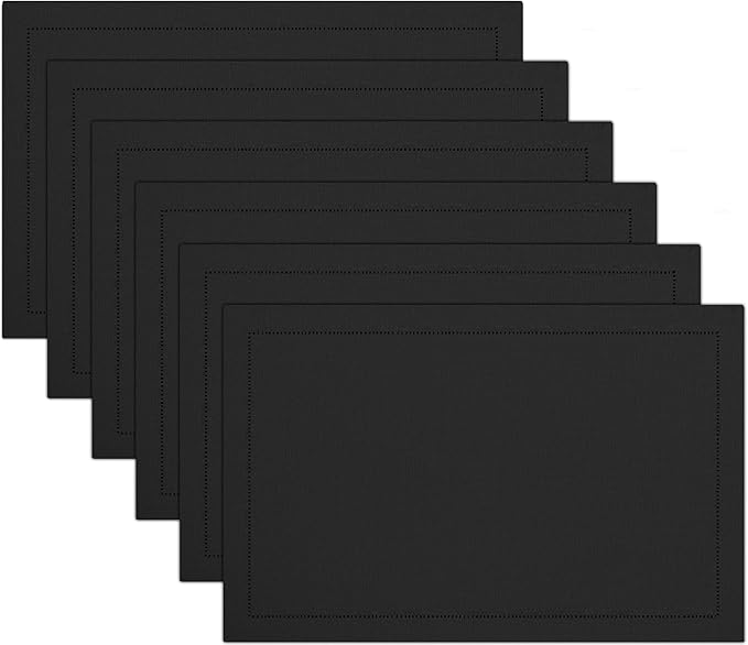 Ruvanti Linen Placemats Set of 6-13x19 Inch, Classic Hemstitch, Heat ‎Resistant Machine Washable Place Mats, Soft & Elegant- Perfect for Christmas, ‎Thanksgiving, Easter, Weddings, Dinner - Black