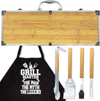 Grilling Accessories Anniversary Birthday Gifts for Dad/Husband, Heavy Duty Wooden BBQ Kit with Apron for Backyard, Thick Stainless Steel Grill Utensils with Non-Slip Handle Tools in Portable Bag