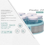 Studio 54 Yogurt Maker Machine with 7 Reusable Glass Jars (6oz Each), Probiotic Greek Yogurt Maker with Precise Time & Temperature Controls, Retro Blue Digital Yogurt Maker