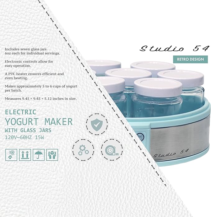 Studio 54 Yogurt Maker Machine with 7 Reusable Glass Jars (6oz Each), Probiotic Greek Yogurt Maker with Precise Time & Temperature Controls, Retro Blue Digital Yogurt Maker
