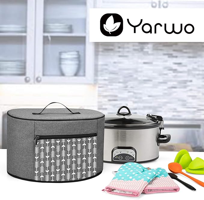 YARWO Slow Cooker Dust Cover Compatible for Crock Pot and Hamilton Beach 6-8 qt Slow Cooker, Dust Free Cover with Zipper Pocket and Wipe Clean Liner, Gray with Arrow