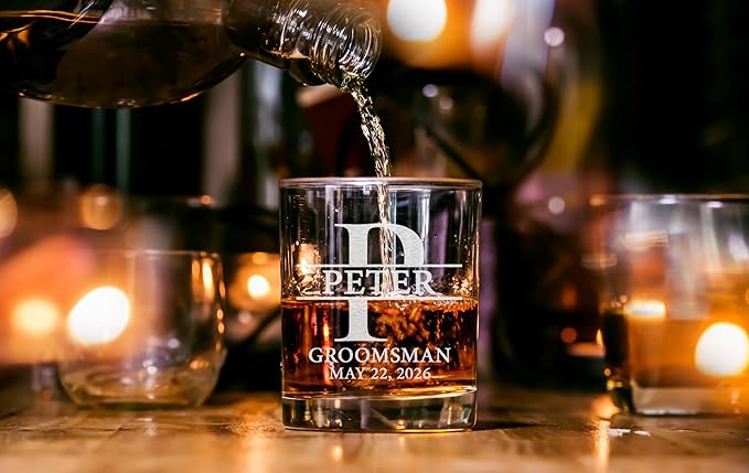 Set Of 9, Personalized Whiskey Glass For Groomsman Gifts, Best Man, Groom, 11oz Old Fashioned Custom Monogrammed Whiskey Glass