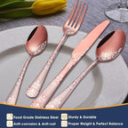 EUIRIO 53-Piece Rose Gold Silverware Set with Serving Utensils, Rose Gold Flatware Set for 8, Stainless Steel Mirror Cutlery Set, Spoons Forks Knives with Unique Floral Laser, Dishwasher Safe