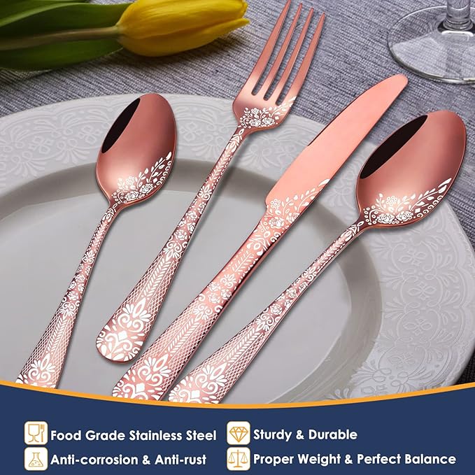 EUIRIO 53-Piece Rose Gold Silverware Set with Serving Utensils, Rose Gold Flatware Set for 8, Stainless Steel Mirror Cutlery Set, Spoons Forks Knives with Unique Floral Laser, Dishwasher Safe