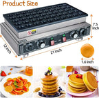 Mini Pancake Maker Machine, 50PCS Electric Nonstick Dutch Pancake Maker 110V 1600W, Commercial Muffin Maker with 2 Thermostats & 2 Timers Separate Control for Home Restaurant (12"D×21"W×7"H)