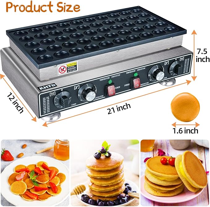 Mini Pancake Maker Machine, 50PCS Electric Nonstick Dutch Pancake Maker 110V 1600W, Commercial Muffin Maker with 2 Thermostats & 2 Timers Separate Control for Home Restaurant (12"D×21"W×7"H)