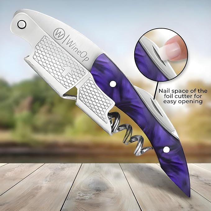 WineOp Professional Wine Opener Luxury Double Hinged Waiter's Corkscrew Wine Bottle Key - Cork screwer for Servers, Bartenders, Sommelier and Home Use | All-In-One Stainless Steel (Purple Resin)