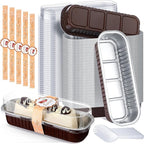 Tioncy 50 Pcs Mini Brown Loaf Pans with Lids Spoons Sticker Chocolate Pattern 6.8oz Disposable Rectangle Aluminum Foil Baking Pans Muffin Cupcake Cups for Picnics Wedding Birthday Baby Shower