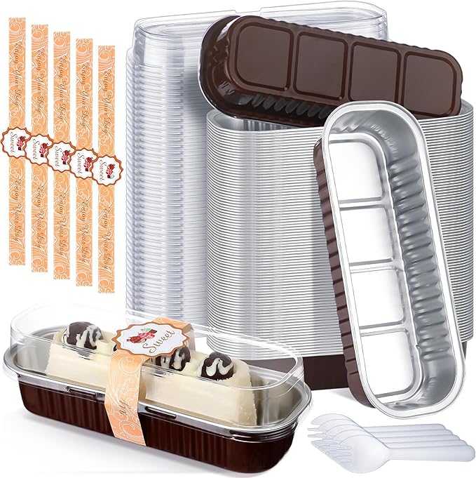 Tioncy 50 Pcs Mini Brown Loaf Pans with Lids Spoons Sticker Chocolate Pattern 6.8oz Disposable Rectangle Aluminum Foil Baking Pans Muffin Cupcake Cups for Picnics Wedding Birthday Baby Shower