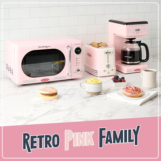 Nostalgia Retro Compact Countertop Microwave Oven 0.7 Cu. Ft. -700-Watts with LED Digital Display-Child Lock-Easy Clean Interior-Pink