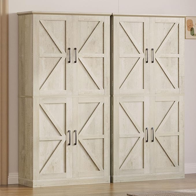 IRONCK Kitchen Pantry Storage Cabinet 72.8" H, 4 Barn Doors with Storage Rack, 4 Adjustable Shelves, Freestanding Cupboard for Dining Room Living Room, Laundry, Rustic Maple