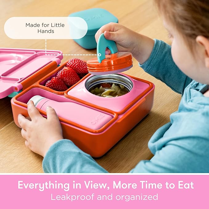 OmieBox Bento Box for Kids - Insulated Bento Lunch Box with Leak Proof Vacuum Insulated Food Jar - 3 Compartments, Two Temperature Zones (Pink Berry)