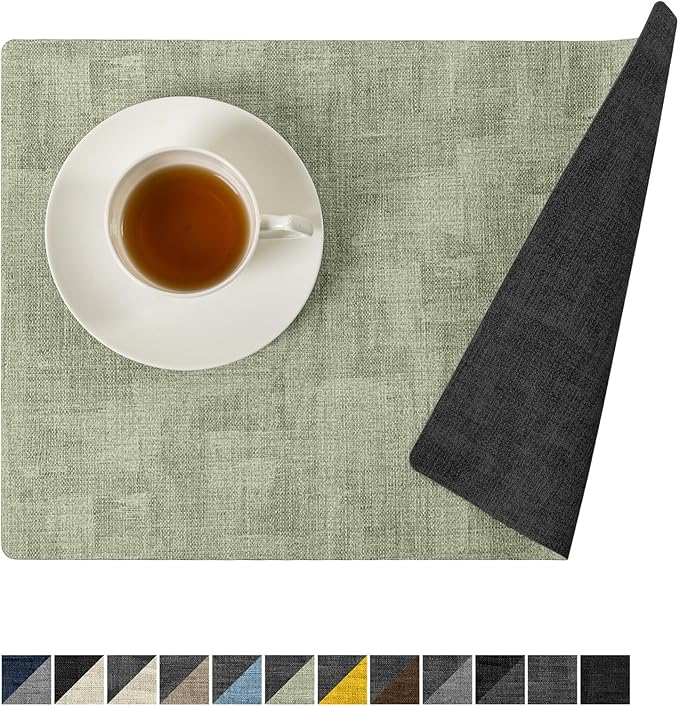 Romanstile Reversible Vinyl Placemats Set of 6, Faux Leather 100% Waterproof Oil-Proof Wipeable Place Mats, Heat Resistant Dual Sided Table Mats for Kitchen/Dining/Party (Grey Green, 12 x 17 Inch)