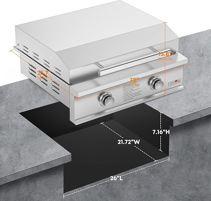 Stanbroil 28-Inch Premium Built-In Natural Gas Griddle for Outdoor Kitchen Grill, Durable Stainless Steel 2-Burner Flat Top Grill with Lid for BBQ Island, 34,000 BTUs