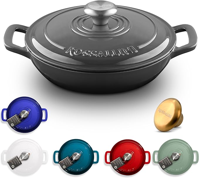 Signature Enameled Cast Iron Braiser, Non-Stick Serving Pot with Tight Fitting Lid for Perfect Roasting, Baking, Sauteing, Searing, and Pan Frying | 5Q (4.7L) - Oyster Grey