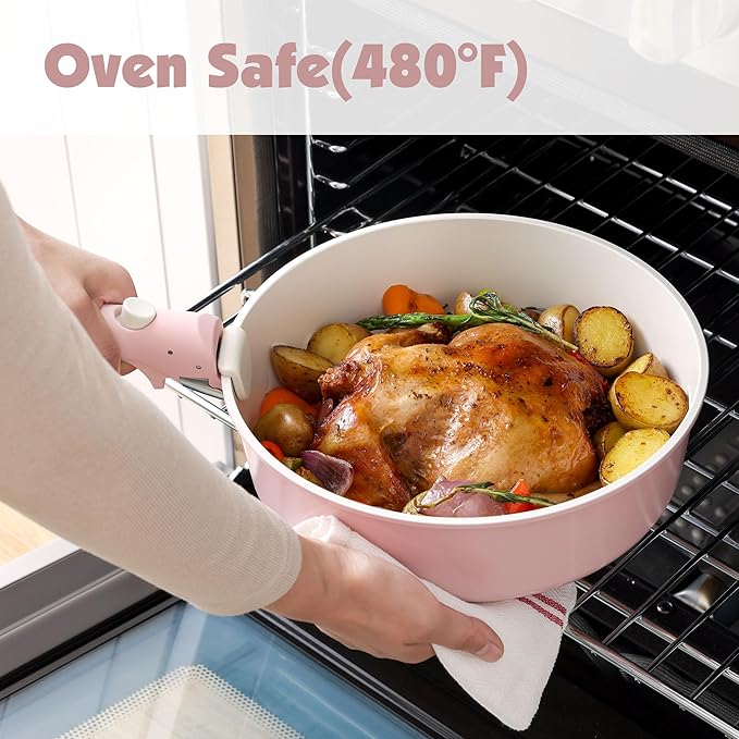 SENSARTE 24 Piece Ceramic Pots and Pans Set, Nonstick Detachable Handle Cookware, Induction Kitchen Cookware Set with Removable Handle, Healthy Non Stick for RV, Dishwasher＆Oven Safe, PFOA Free (Pink)