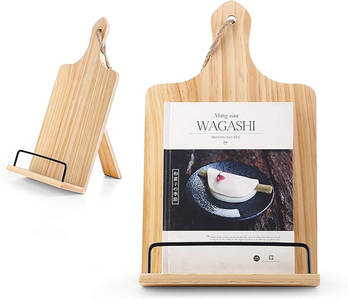 Cookbook Stand, Rustic Wood Cookbook Holder Cutting Board Style, Adjustable Recipe Ipad Tablet Book Holder and Stand for Kitchen with Anti-Slip Kickstand (Natural Wood Color)