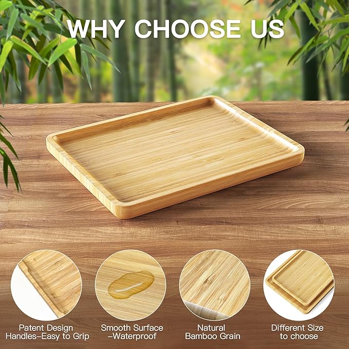 Square Bamboo Serving Tray with Handles - 9.4x7.4 Inch Rustic Wooden Platter for Coffee, Kitchen, Living Room & Party (Lightweight, Splinter-Free & Oil-Coated)