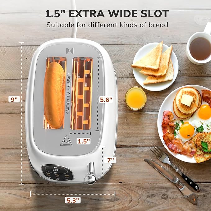 Keenstone Smart Touch Screen Toaster 2 Slice, Retro Wide Slot Stainless Steel Toaster with 6 Browning Levels, Reheat & Defrost, for Bagel, Toast, Bread, Removable Crumb Tray, White