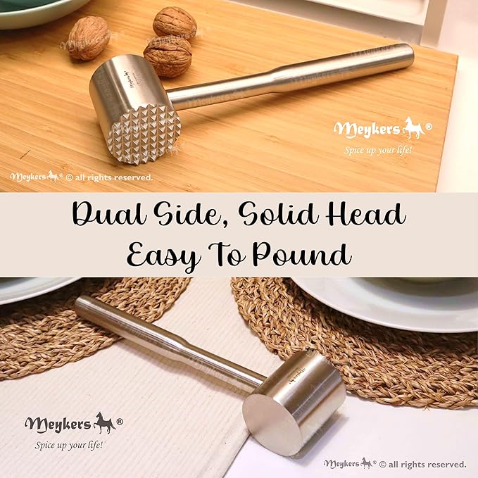 Meykers Meat Tenderizer Mallet | Dishwasher Safe | All 304 Stainless Steel | Perfect Weight | Meat Hammer Pounder Flattner Beater | for Steak Beef Chicken Pork | Kitchen Tool for Cooking