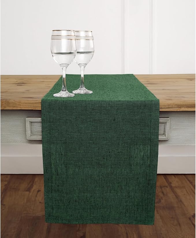Solino Home Linen Table Runner 90 Inches Long - Athena, 100% Pure Linen Forest Green Table Runner 14 x 90 Inch for Dining, Fall, Autumn