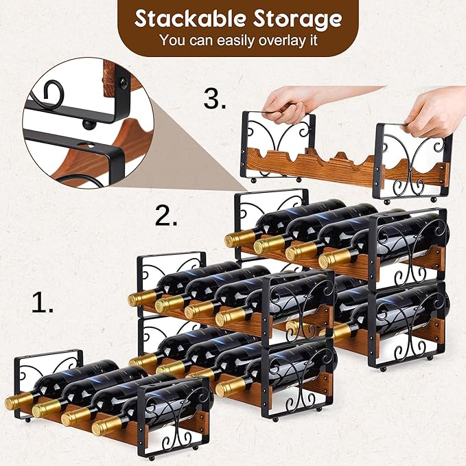 X-cosrack Wine Rack Freestanding Floor with Patent Design, Wooden & Metal Wine Bottle Holder, 4 Tier 16 Bottles Stackable Wine Storage Racks for Kitchen Counter or Bar, Wine Display Shelf