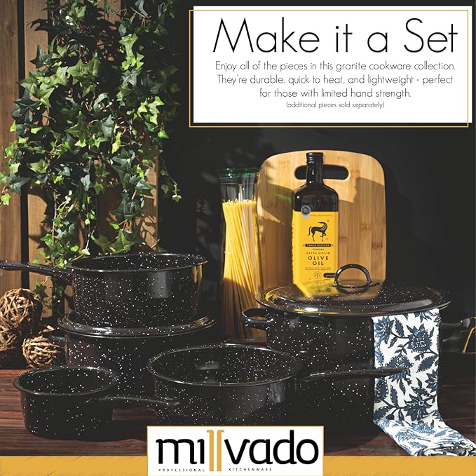 3 Quart Granite Saucepan, Naturally Nonstick Sauce Pots, Speckled Enamel Ware Cookware, Small Sauce Pan for Cooking and Boiling - Granite Cooking Pot for Stovetop, Campfire, Outdoor Stove