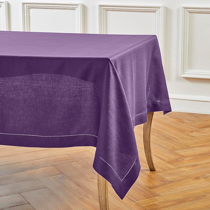 Solino Home Linen Tablecloth 60 x 108 Inch - Classic Hemstitch 100% Pure Linen Purple Table Cloth for Rectangle Tables - Machine Washable Tablecloth for Summer, Fall, Autumn, Halloween