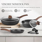 Vinchef Pots and Pans Set, 12pcs Nonstick Induction Kitchen Cookware Sets with Stay-Cool Handles, Frying Pans and Saute Pan with Lid, Silicone Cooking Utensil Sets and Pot Protectors, PFAS, PFOA Free