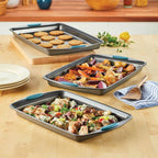 Rachael Ray Bakeware Nonstick Cookie Pan Set, 3-Piece, Gray with Agave Blue Grips