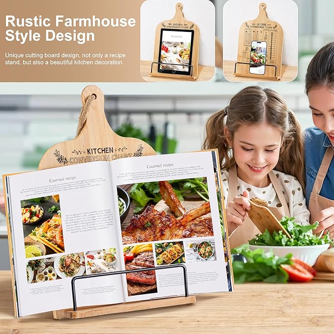Cookbook Stand for Kitchen Counter Bamboo Recipe Book Holder with Conversion Chart Adjustable Non Slip Cookbook Holder Kitchen Gifts for Women Gifts for Housewarming Christmas Retirement Wedding