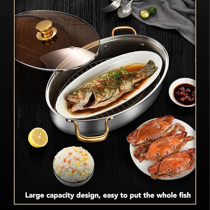 Stainless Steel Fish Steamer, Heavy Duty Oval Steamer Pot with Rack and Ceramic Pan Lid, Multi Use Cookware Stockpot for Steaming Fish, Boiling Soup, Steaming Seafood