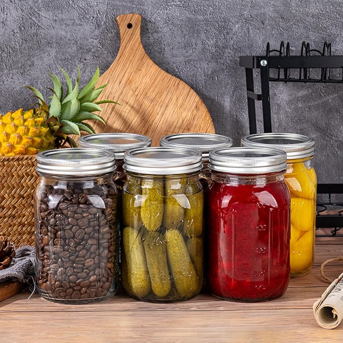 WELLIFE Wide Mouth Mason Jars, 4 Pack Mason Jars 32 oz for Pickling, Canning, Fermenting and Food Storage, Microwave & Dishwasher Safe