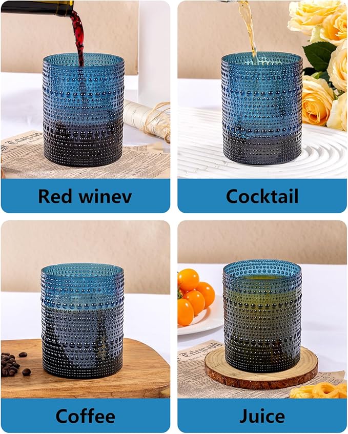 YOUBET 24PCS Plastic Drinking Glasses - 14OZ Blue Hobnail Drinkware Glasses - Vintage Glassware Textured Beaded Cups for Water, Beer, Whiskey, Juice and Various Mixed Drinks