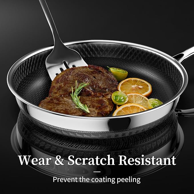 Non Stick Frying Pan with Lid, 12 Inch Ceramic Hybrid Tri-Ply Stainless Steel Frying Pans Nonstick W/Lid, Large Induction Skillet Frying Pans for Cooking, Metal Utensil Safe, PFAS/PFOA/PTFE Free