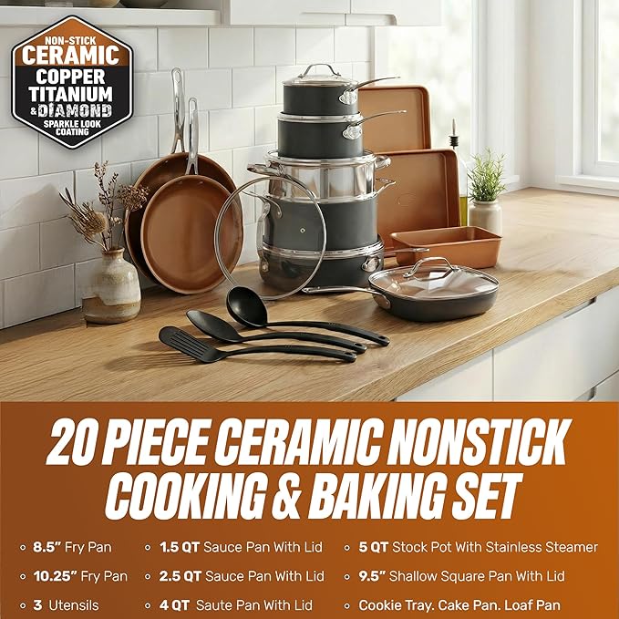 GOTHAM STEEL 20 Pc Ceramic Cookware Set, Copper Pots and Pans Set Non Stick with Bakeware, Cooking Utensils, and Steamer, Oven and Dishwasher Safe