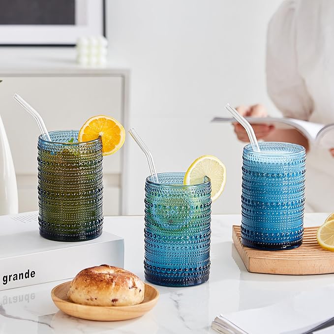 15 oz Blue Hobnail Drinking Glasses with Straws Set of 6, Vintage Glassware Old Fashioned Beverage Glasses, Cocktail Glass Set, Kitchen Water Glasses Cup, for Beer, Smoothie, Juice