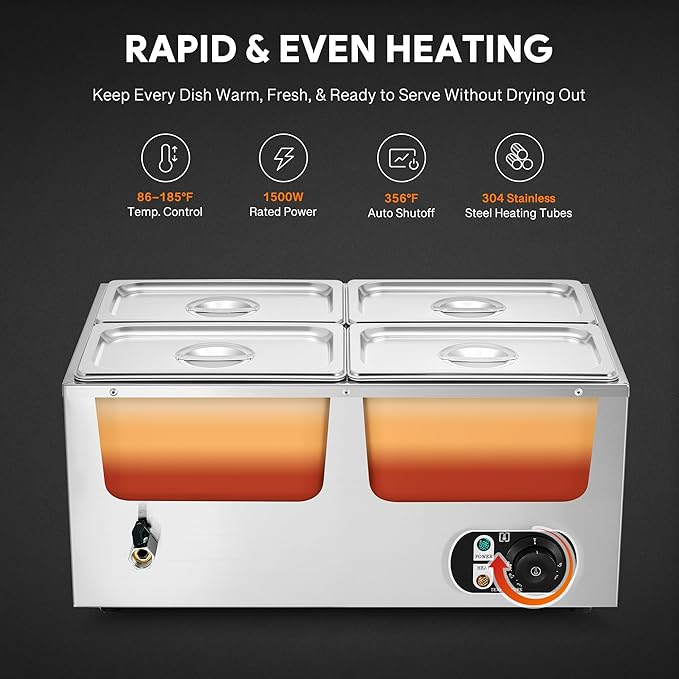 WILPREP Commercial Food Warmer with Four 1/4 Pans, 1500W Countertop Electric Steam Table, 86-185°F Adjustable Temp Control & Over-Temp Protection, Stainless Steel Buffet Bain Marie