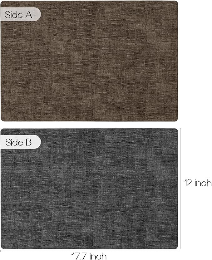 Romanstile Reversible Vinyl Placemats Set of 8, Faux Leather 100% Waterproof Oil-Proof Wipeable Place Mats, Heat Resistant Dual Sided Table Mats for Kitchen/Dining/Party (Grey Brown, 12 x 17 Inch)