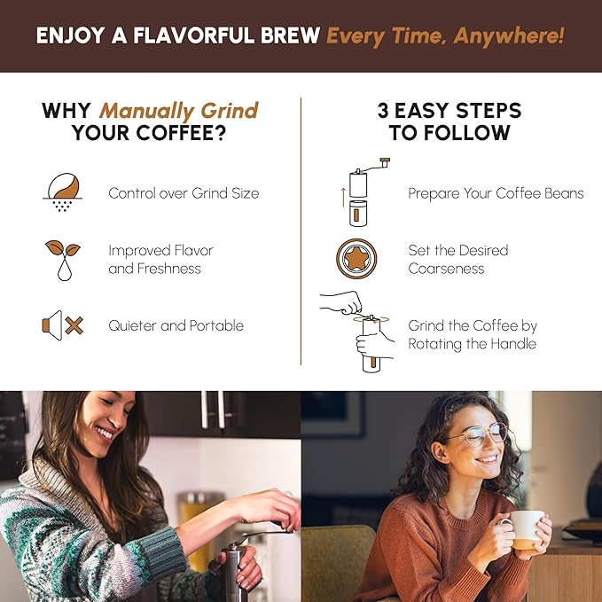 JavaPresse Manual Stainless Steel Coffee Grinder - 18 Adjustable Settings, Portable Conical Burr Grinder for Camping, Travel, Espresso - With Hand Crank