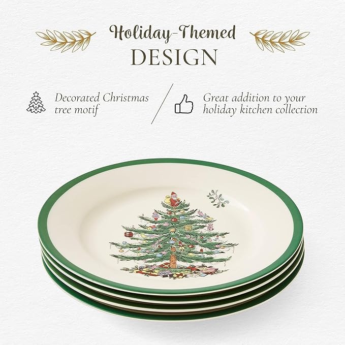 Spode Christmas Tree 8" Salad Plate Set of 4- Festive Holiday Stoneware Plate with Christmas Tree Design, Green Bordered Edges, Microwave, Dishwasher, Freezer, Oven Safe